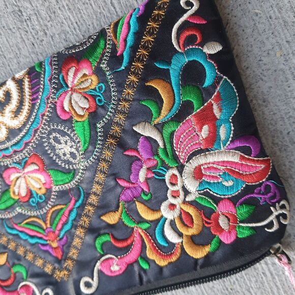Mexican Colorful Embroidered 10x6 Small Wristlet Bag Sectioned Purse Clutch - Picture 2 of 10